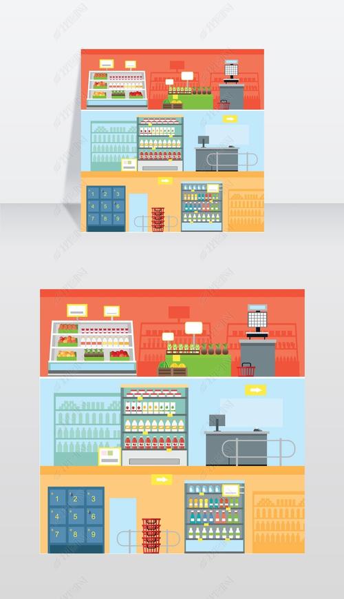 超市室内设计超市和杂货店零售商店为货架上矢量图
